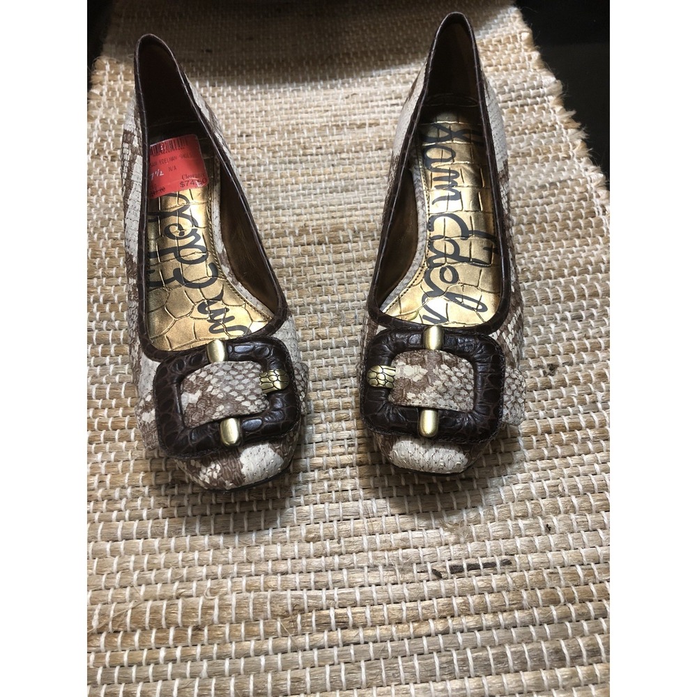 Sam Edelman Hadley Leather Snakeskin Brown Ivory Big Buckle Kitten Heels 7 1/2